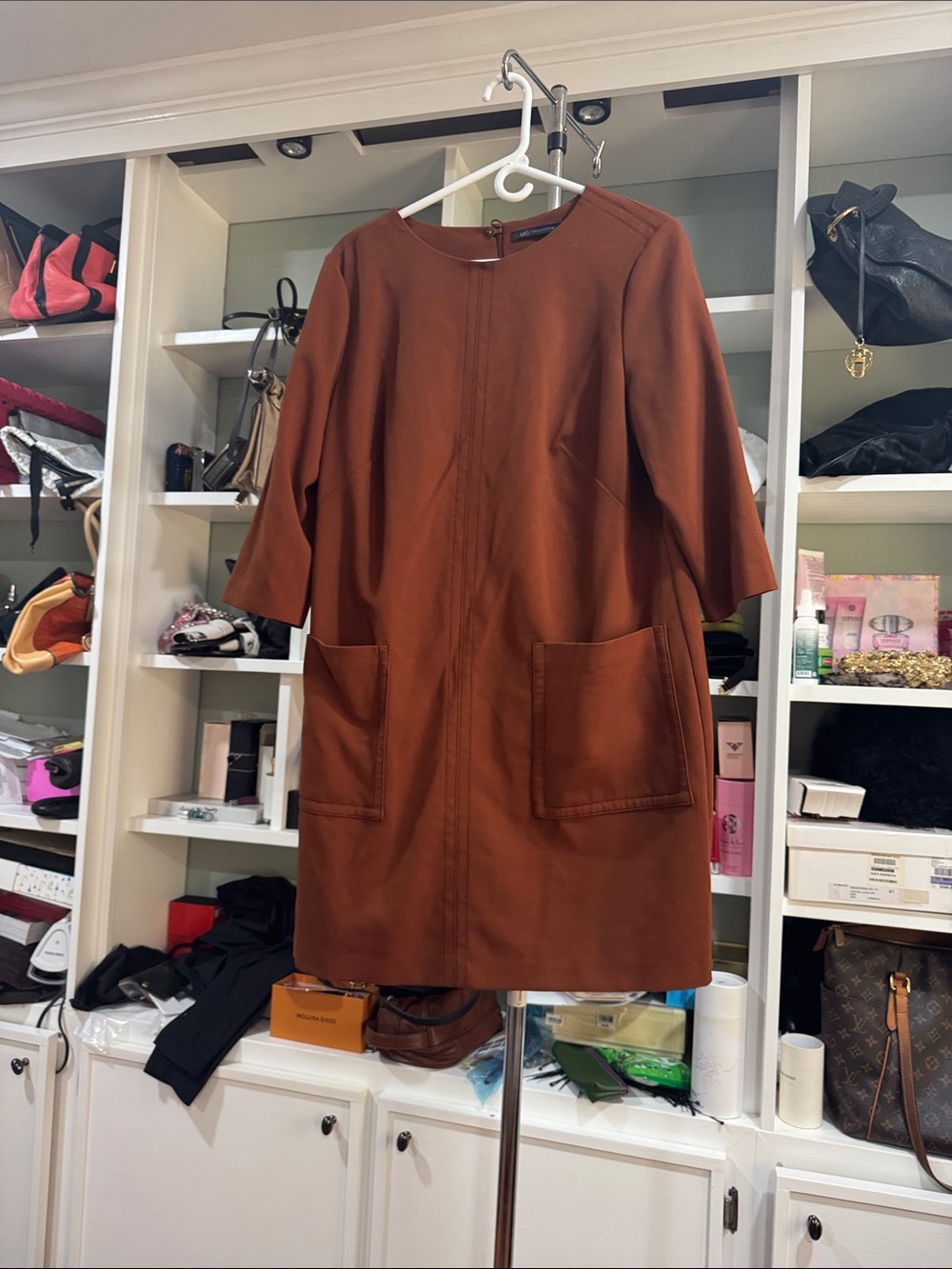 Mark and Spencer  Rust Midi Shift Dress with Patch Pockets. Purchased in London.